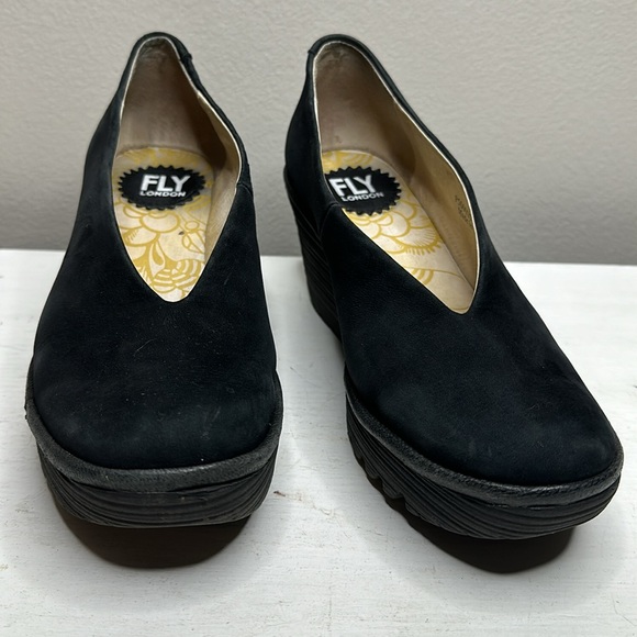 Fly London Yaz Black Leather Suede Chucky Wedge Heels Slip On Shoes EU 38 US 7 - Picture 2 of 12